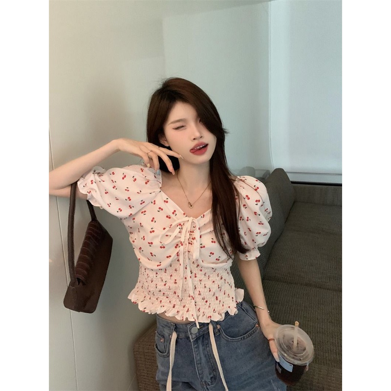 Jiashucheng Áo Sơ Mi Ngắn Tay Phồng Cổ Vuông Thiết Kế Nhỏ Nhắn Phong Cách Pháp Xinh Xắn Thời Trang Cho Nữ