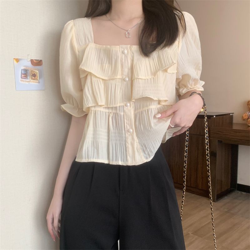 Jiashucheng Áo Sơ Mi Ngắn Tay Phồng Cổ Vuông Thiết Kế Nhỏ Nhắn Phong Cách Pháp Xinh Xắn Thời Trang Cho Nữ