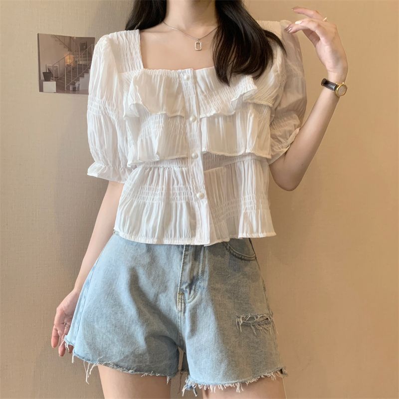 Jiashucheng Áo Sơ Mi Ngắn Tay Phồng Cổ Vuông Thiết Kế Nhỏ Nhắn Phong Cách Pháp Xinh Xắn Thời Trang Cho Nữ