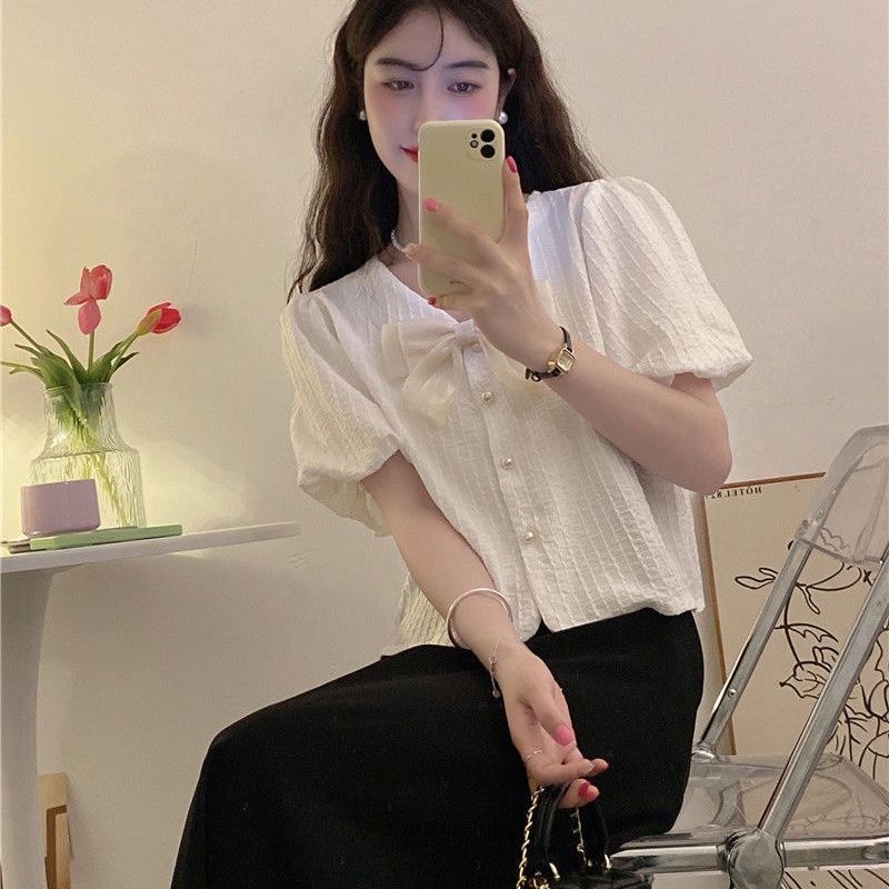 Áo Sơ Mi Chiffon Ngắn Tay Thắt Nơ Phong Cách Hàn Quốc Thời Trang Mùa Hè Hàng Mới Dành Cho Bạn Nữ