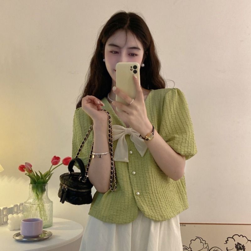 Áo Sơ Mi Chiffon Ngắn Tay Thắt Nơ Phong Cách Hàn Quốc Thời Trang Mùa Hè Hàng Mới Dành Cho Bạn Nữ