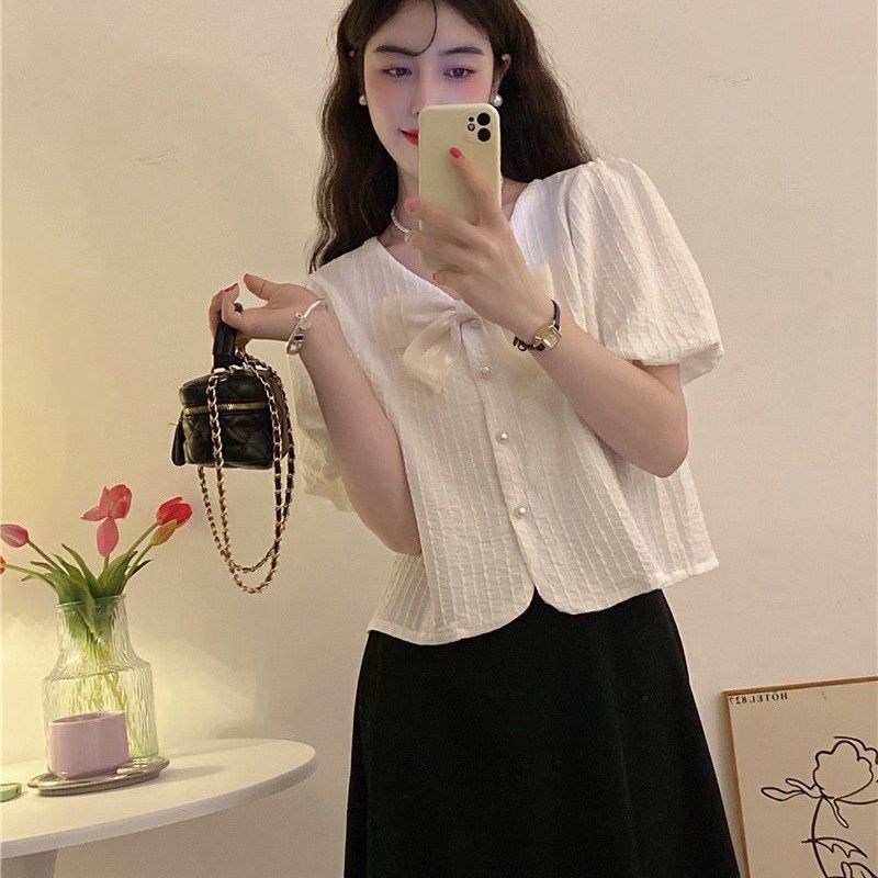 Áo Sơ Mi Chiffon Ngắn Tay Thắt Nơ Phong Cách Hàn Quốc Thời Trang Mùa Hè Hàng Mới Dành Cho Bạn Nữ