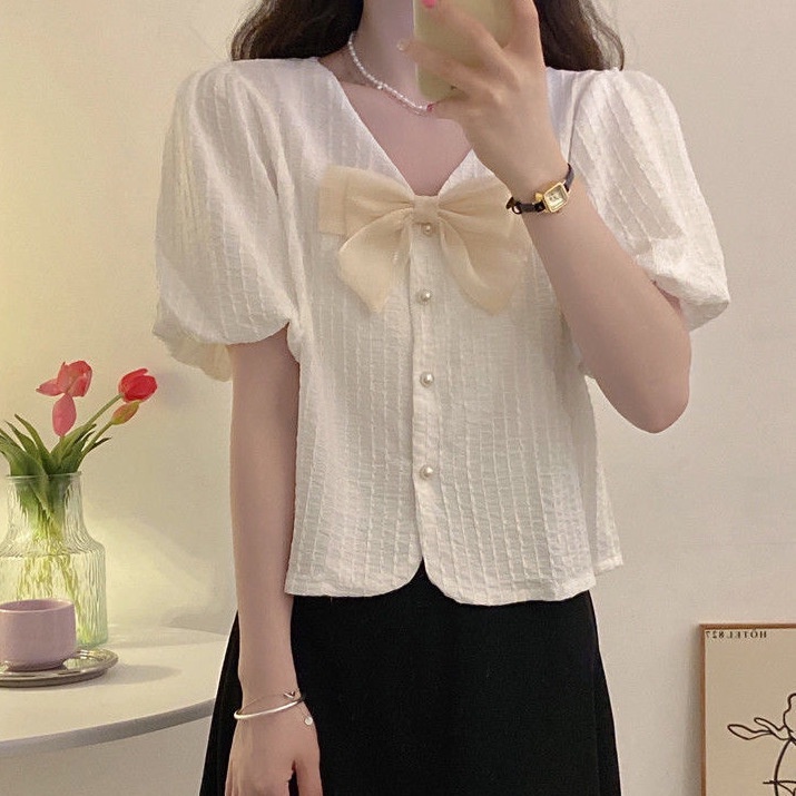 Áo Sơ Mi Chiffon Ngắn Tay Thắt Nơ Phong Cách Hàn Quốc Thời Trang Mùa Hè Hàng Mới Dành Cho Bạn Nữ