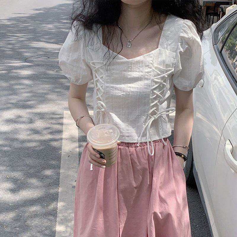 Áo Kiểu Cổ Vuông Tay Phồng Cột Dây Thời Trang Mùa Hè Phong Cách Pháp Cổ Điển Cho Nữ