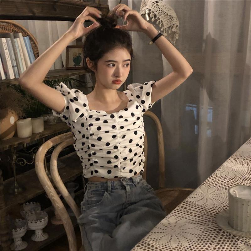 Áo Kiểu Tay Phồng Ngắn Cổ Vuông Xếp Ly Họa Tiết Chấm Bi Trắng Đen Phong Cách Pháp Thời Trang Mùa Hè Cho Nữ