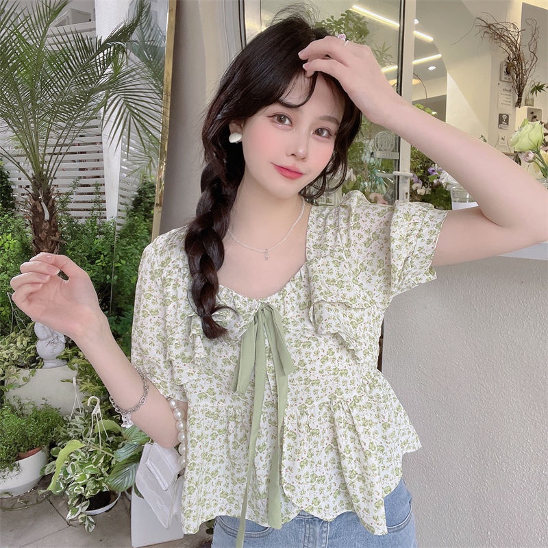 Jiashucheng Áo Sơ Mi Tay Phồng Cổ Vuông Thắt Dây Họa Tiết Hoa Tươi Mới Ngọt Ngào Phong Cách Mùa Hè Cho Nữ Niche