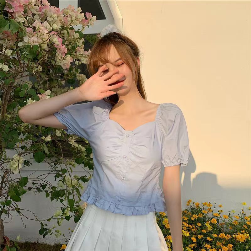 Áo Sơ Mi Ngắn Tay Phồng Cổ Chữ v Thời Trang Xuân Hè Phong Cách Pháp Cho Nữ