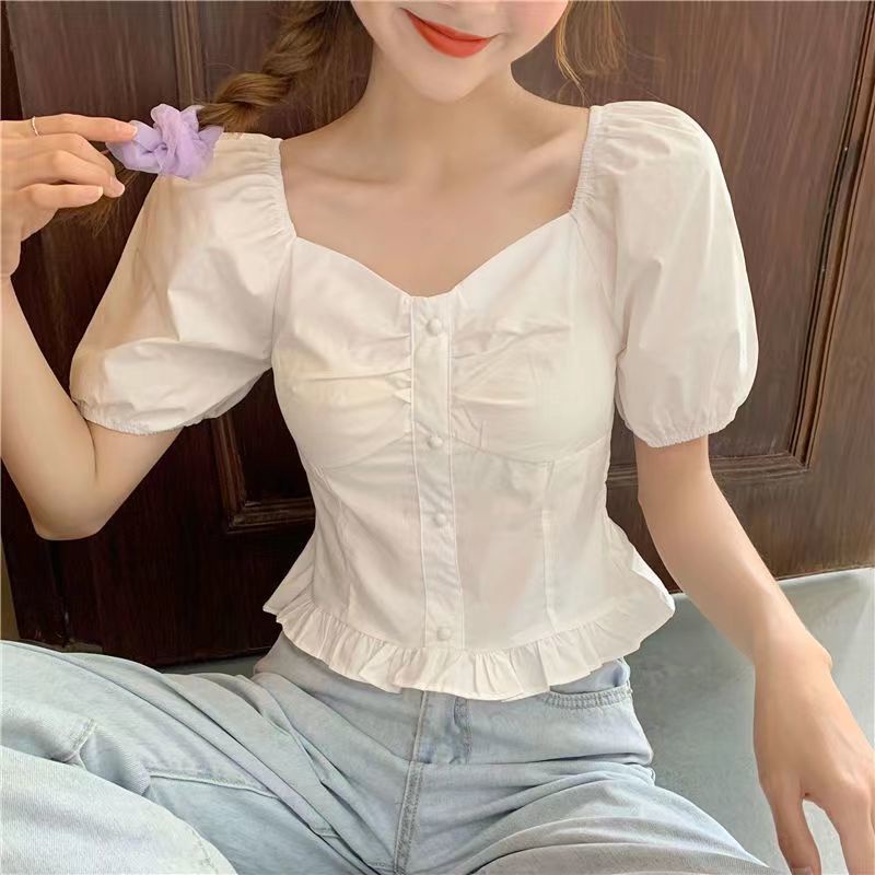 Áo Sơ Mi Ngắn Tay Phồng Cổ Chữ v Thời Trang Xuân Hè Phong Cách Pháp Cho Nữ