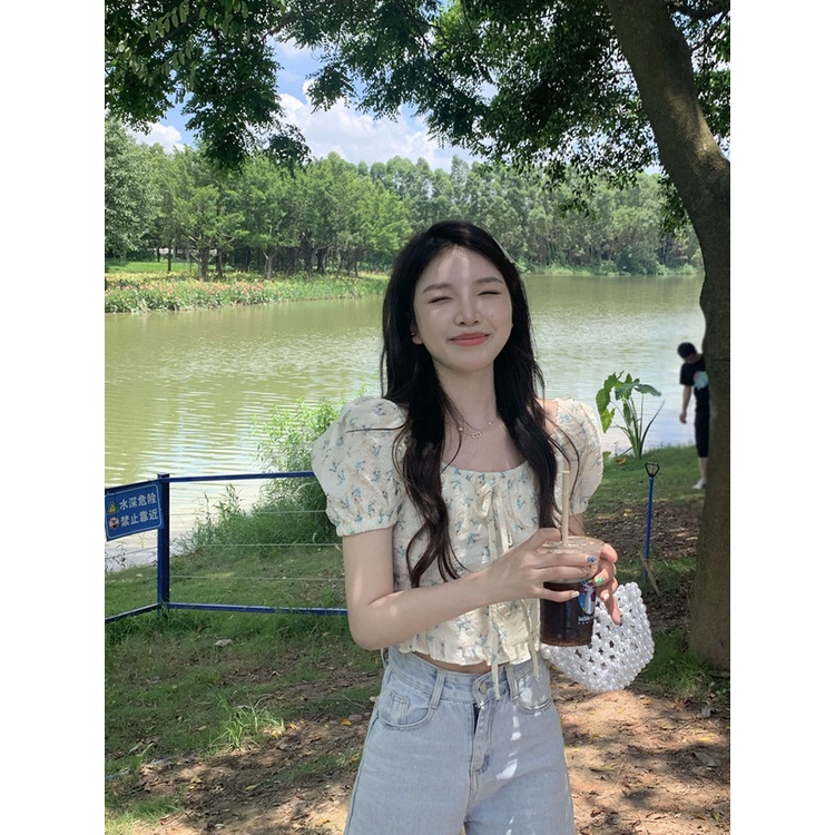 Áo Sơ Mi Ngắn Tay Phồng In Hoa Phong Cách Pháp Thời Trang Mùa Hè Ngọt Ngào Cho Nữ