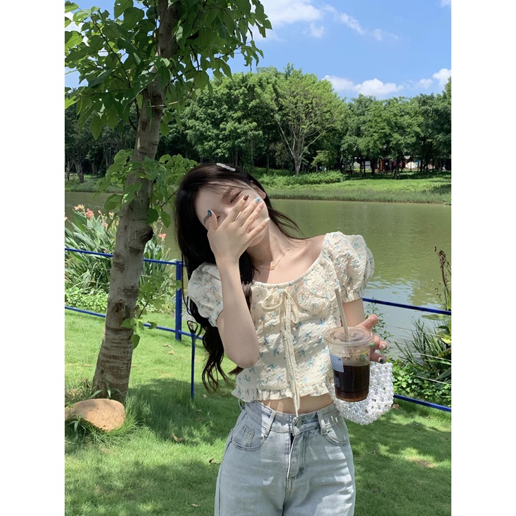 Áo Sơ Mi Ngắn Tay Phồng In Hoa Phong Cách Pháp Thời Trang Mùa Hè Ngọt Ngào Cho Nữ