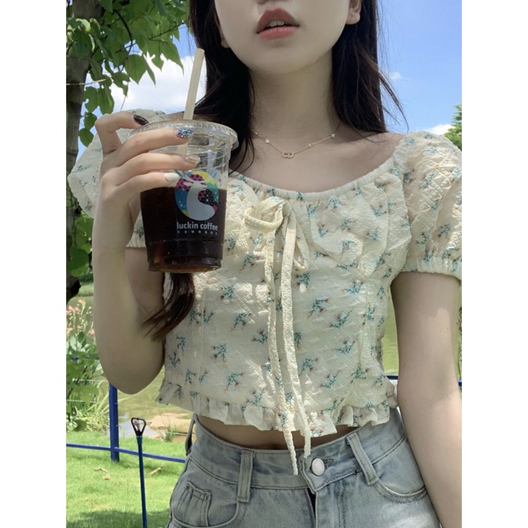 Áo Sơ Mi Ngắn Tay Phồng In Hoa Phong Cách Pháp Thời Trang Mùa Hè Ngọt Ngào Cho Nữ