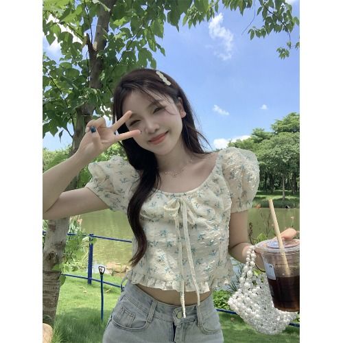 Áo Sơ Mi Ngắn Tay Phồng In Hoa Phong Cách Pháp Thời Trang Mùa Hè Ngọt Ngào Cho Nữ