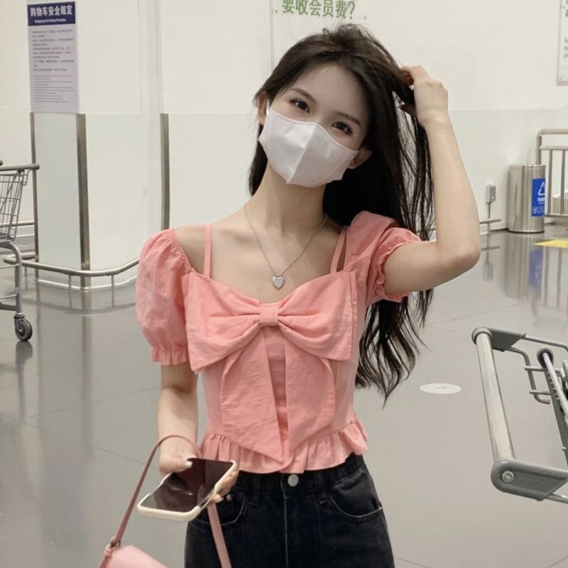 Jiashucheng Áo Kiểu Tay Phồng Cổ Vuông Phong Cách Pháp Ngọt Ngào Thời Trang Mùa Hè Cho Nữ