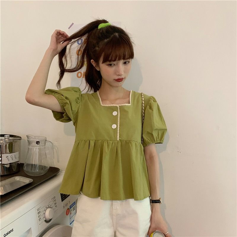 Áo Sơ Mi Ngắn Tay Cổ Vuông Dáng Rộng Thời Trang Mùa Hè Hàn Quốc Dành Cho Nữ