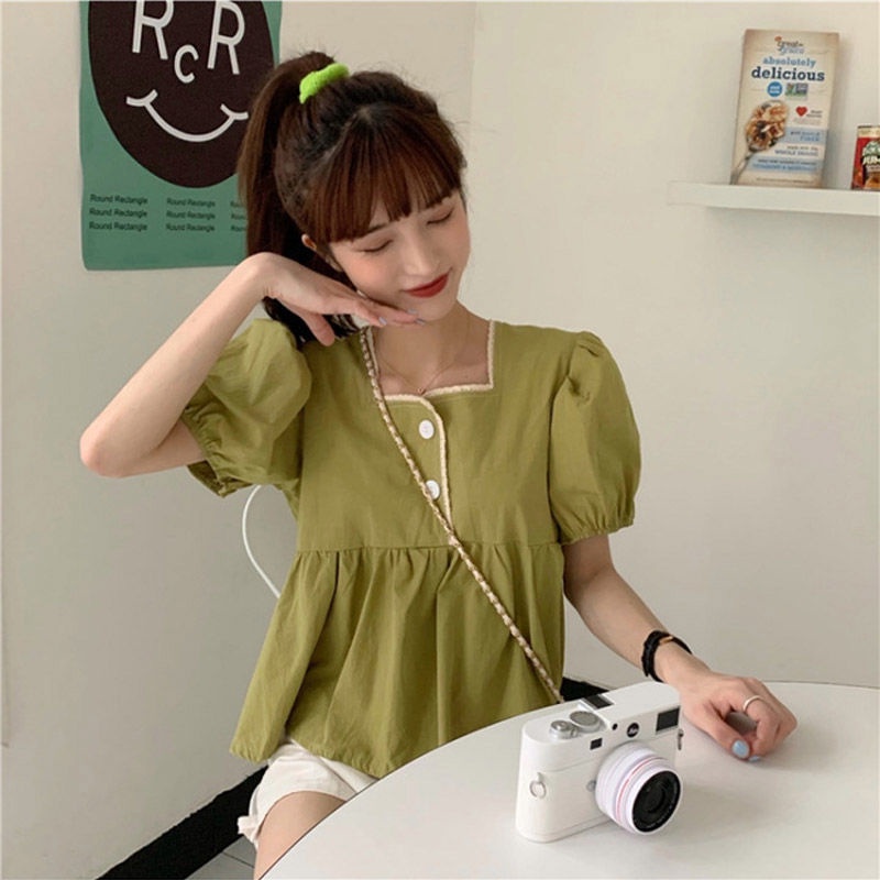 Áo Sơ Mi Ngắn Tay Cổ Vuông Dáng Rộng Thời Trang Mùa Hè Hàn Quốc Dành Cho Nữ