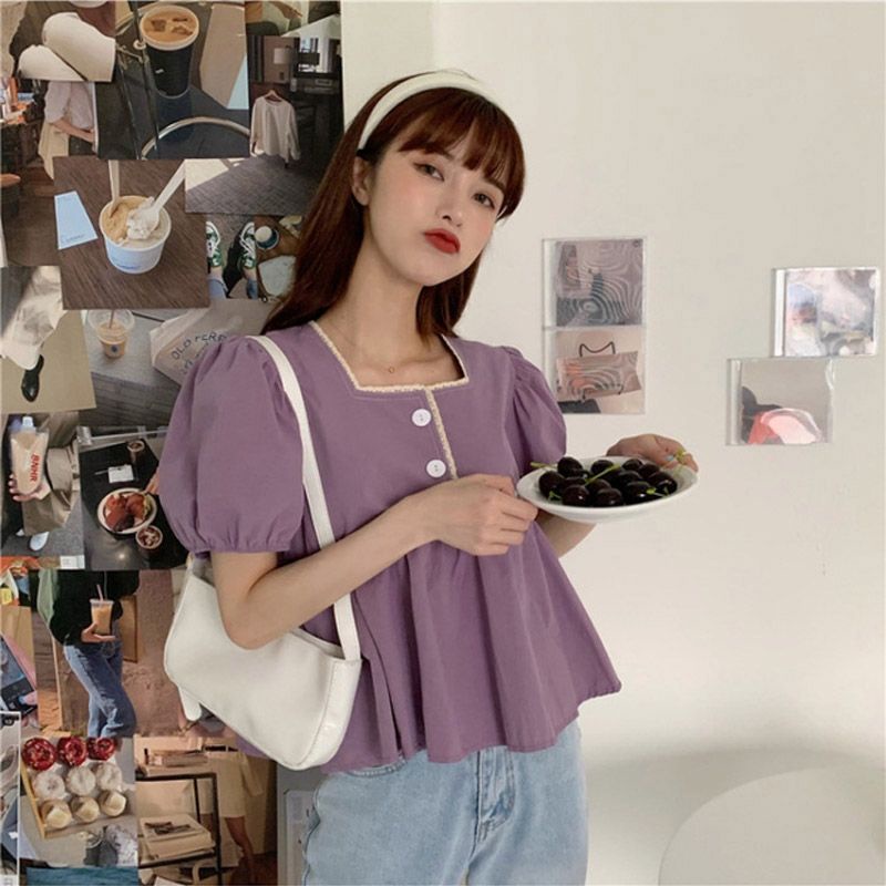 Áo Sơ Mi Ngắn Tay Cổ Vuông Dáng Rộng Thời Trang Mùa Hè Hàn Quốc Dành Cho Nữ