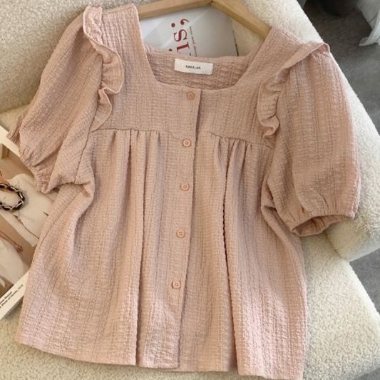 Jiashucheng Niche Áo Tay Ngắn Phồng Cổ Vuông Dáng Ôm Thời Trang Mùa Hè Phong Cách Hàn Quốc Cho Nữ