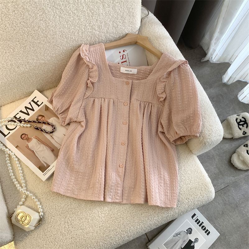 Jiashucheng Niche Áo Tay Ngắn Phồng Cổ Vuông Dáng Ôm Thời Trang Mùa Hè Phong Cách Hàn Quốc Cho Nữ