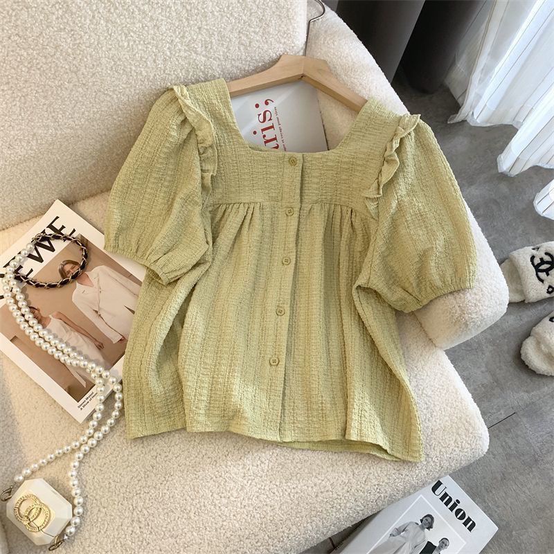 Jiashucheng Niche Áo Tay Ngắn Phồng Cổ Vuông Dáng Ôm Thời Trang Mùa Hè Phong Cách Hàn Quốc Cho Nữ