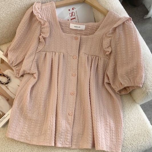 Jiashucheng Niche Áo Tay Ngắn Phồng Cổ Vuông Dáng Ôm Thời Trang Mùa Hè Phong Cách Hàn Quốc Cho Nữ