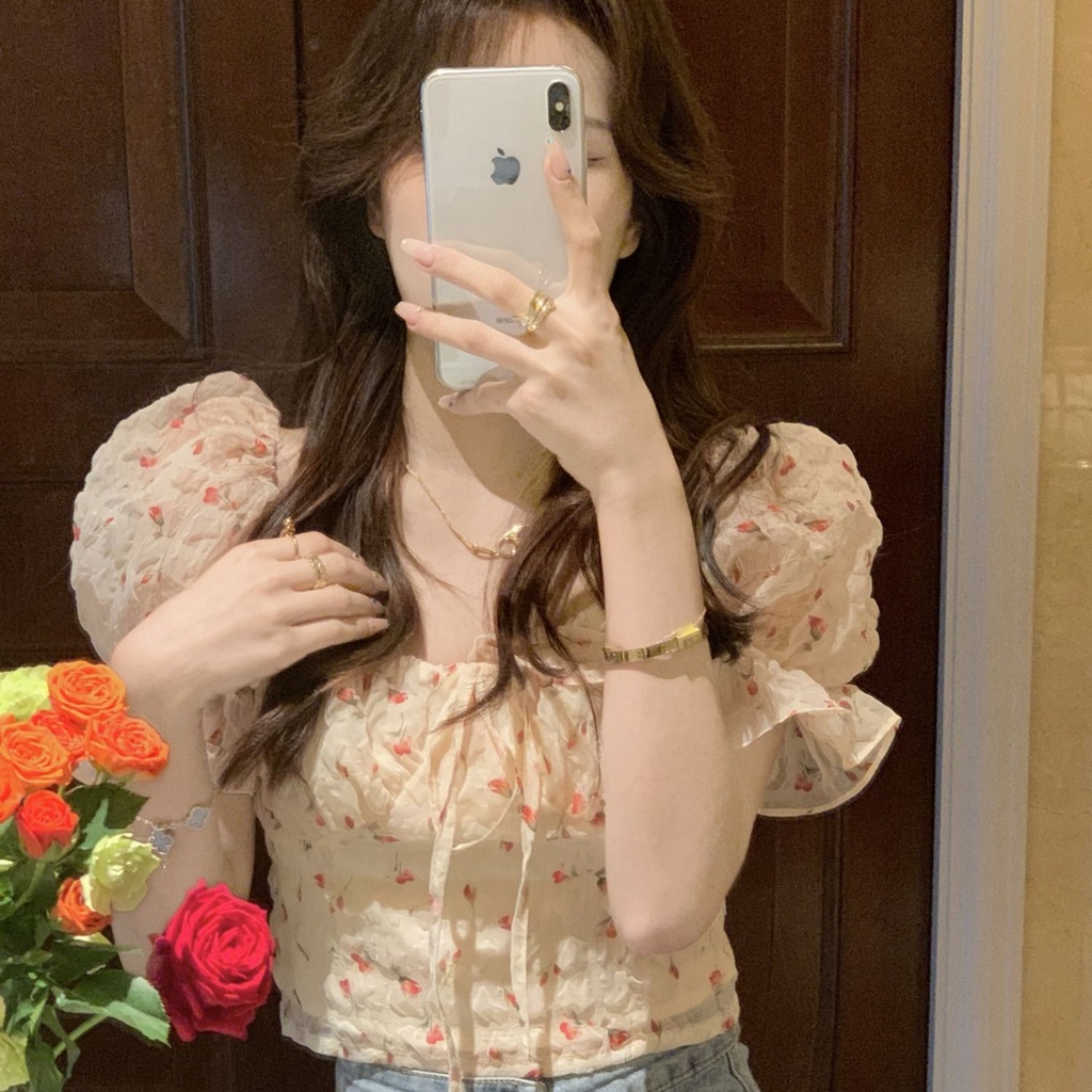 Jiashucheng Áo Sơ Mi Ngắn Tay Phồng Thiết Kế Cảm Giác Chạm Cảm Giác Ngọt Ngào Phong Cách Hàn Quốc Mùa Hè Màu Trơn Desire Cho Nữ