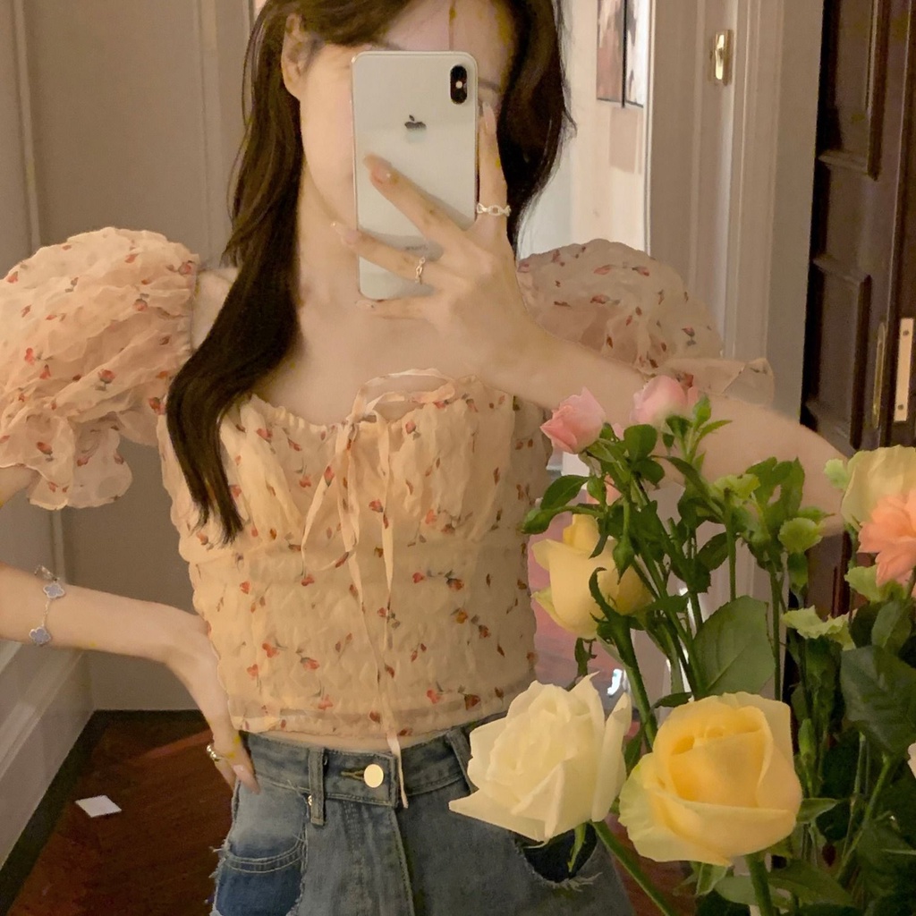 Jiashucheng Áo Sơ Mi Ngắn Tay Phồng Thiết Kế Cảm Giác Chạm Cảm Giác Ngọt Ngào Phong Cách Hàn Quốc Mùa Hè Màu Trơn Desire Cho Nữ