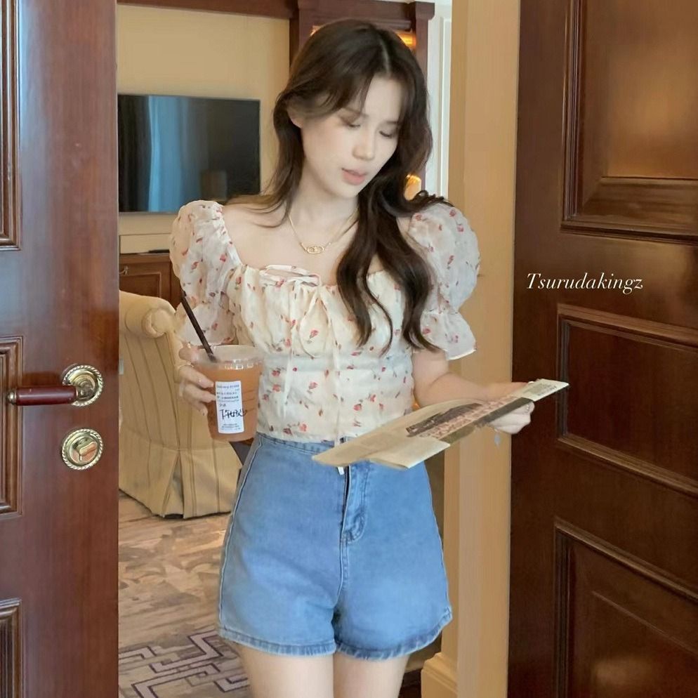 Jiashucheng Áo Sơ Mi Ngắn Tay Phồng Thiết Kế Cảm Giác Chạm Cảm Giác Ngọt Ngào Phong Cách Hàn Quốc Mùa Hè Màu Trơn Desire Cho Nữ