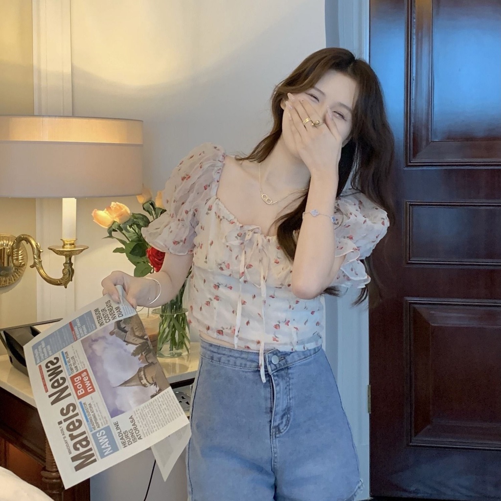 Jiashucheng Áo Sơ Mi Ngắn Tay Phồng Thiết Kế Cảm Giác Chạm Cảm Giác Ngọt Ngào Phong Cách Hàn Quốc Mùa Hè Màu Trơn Desire Cho Nữ