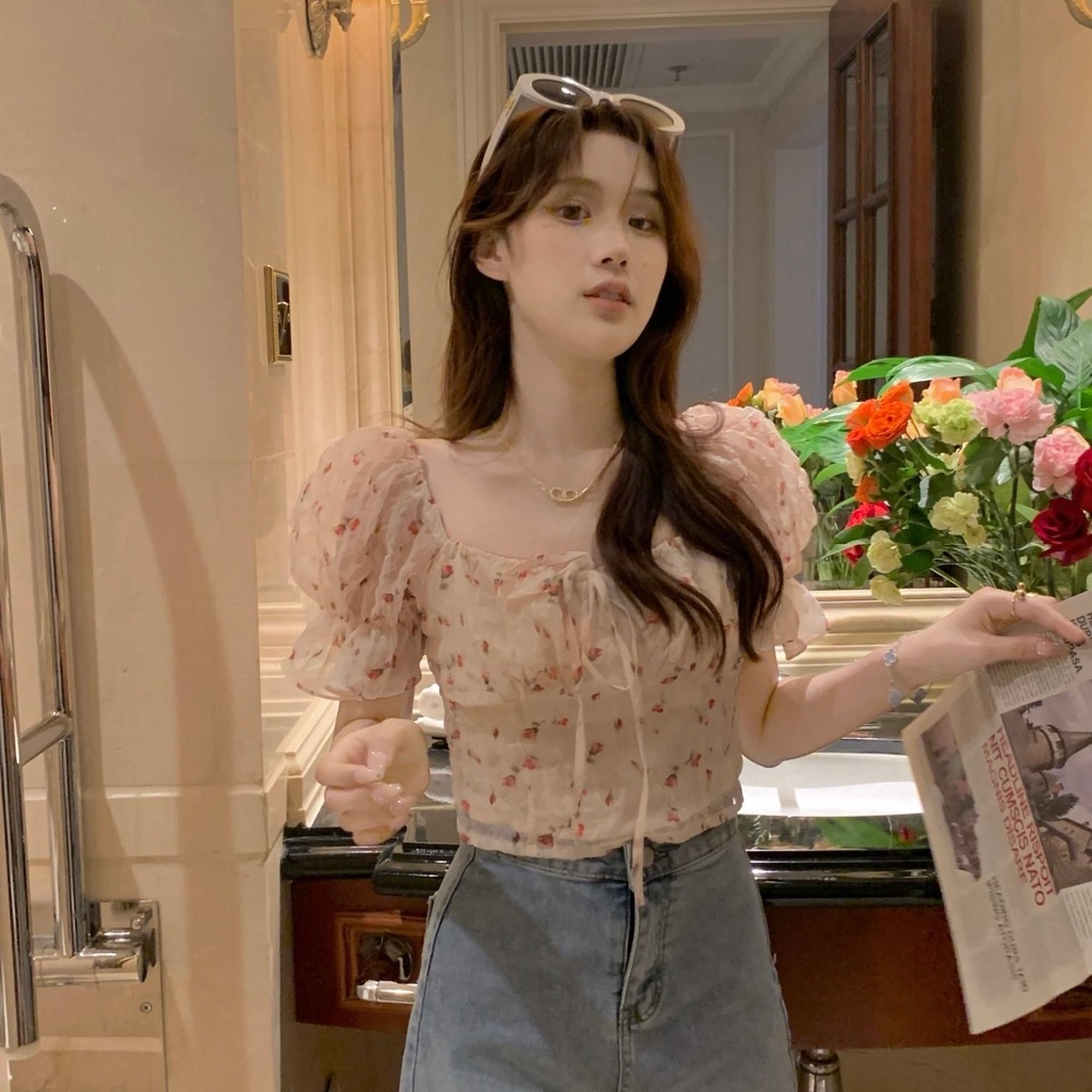 Jiashucheng Áo Sơ Mi Ngắn Tay Phồng Thiết Kế Cảm Giác Chạm Cảm Giác Ngọt Ngào Phong Cách Hàn Quốc Mùa Hè Màu Trơn Desire Cho Nữ