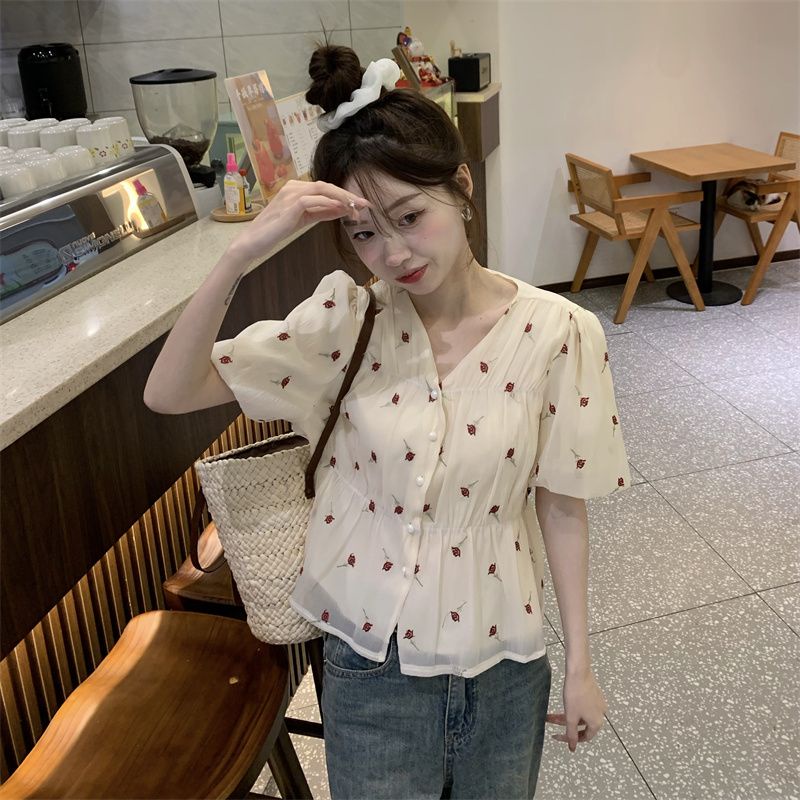 Jiashucheng Áo Sơ Mi Chiffon Tay Phồng Thêu Họa Tiết Phong Cách Phương Tây Thời Trang Mùa Hè 2023 Mới