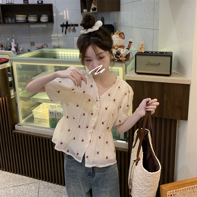 Jiashucheng Áo Sơ Mi Chiffon Tay Phồng Thêu Họa Tiết Phong Cách Phương Tây Thời Trang Mùa Hè 2023 Mới