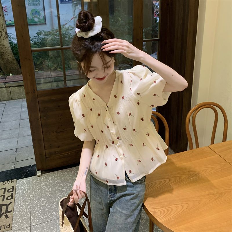 Jiashucheng Áo Sơ Mi Chiffon Tay Phồng Thêu Họa Tiết Phong Cách Phương Tây Thời Trang Mùa Hè 2023 Mới