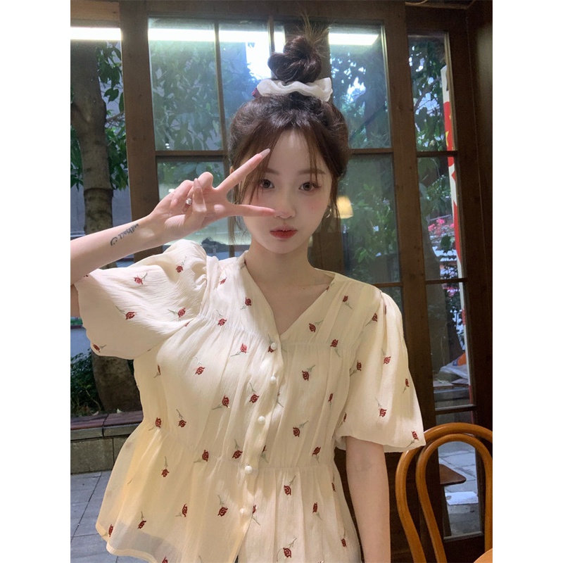 Jiashucheng Áo Sơ Mi Chiffon Tay Phồng Thêu Họa Tiết Phong Cách Phương Tây Thời Trang Mùa Hè 2023 Mới