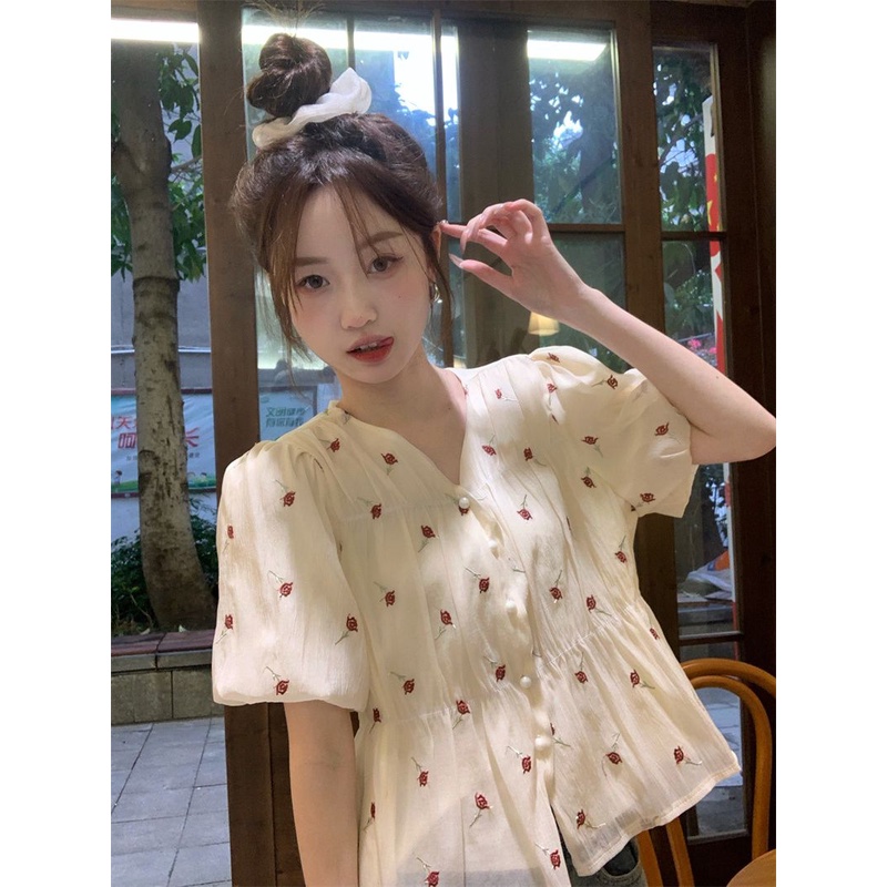 Jiashucheng Áo Sơ Mi Chiffon Tay Phồng Thêu Họa Tiết Phong Cách Phương Tây Thời Trang Mùa Hè 2023 Mới