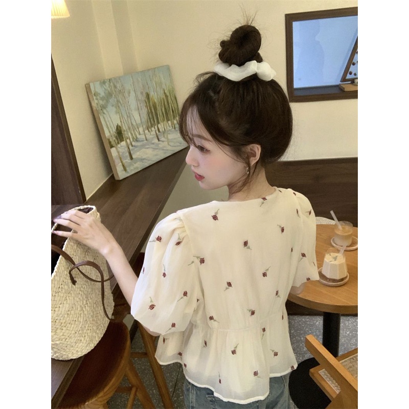 Jiashucheng Áo Sơ Mi Chiffon Tay Phồng Thêu Họa Tiết Phong Cách Phương Tây Thời Trang Mùa Hè 2023 Mới