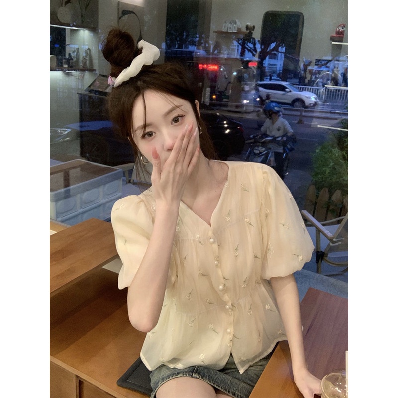 Jiashucheng Áo Sơ Mi Chiffon Tay Phồng Thêu Họa Tiết Phong Cách Phương Tây Thời Trang Mùa Hè 2023 Mới