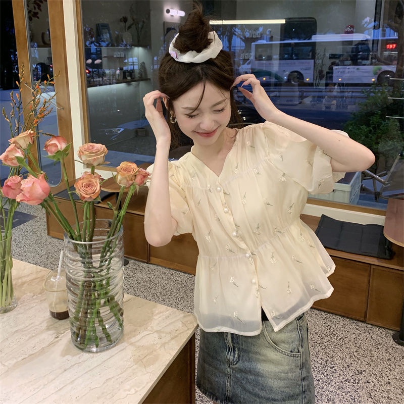 Jiashucheng Áo Sơ Mi Chiffon Tay Phồng Thêu Họa Tiết Phong Cách Phương Tây Thời Trang Mùa Hè 2023 Mới