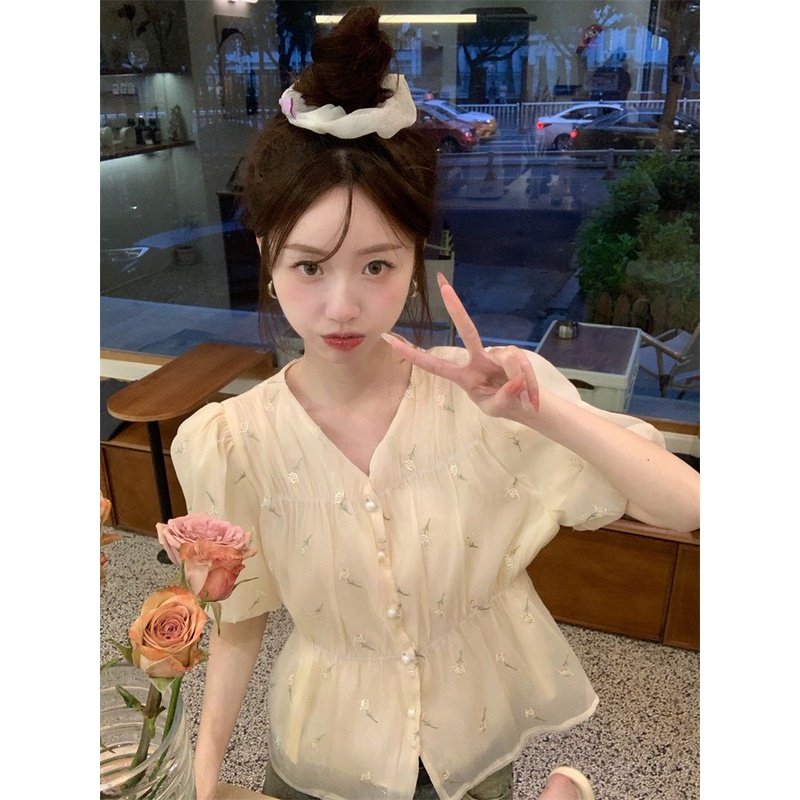 Jiashucheng Áo Sơ Mi Chiffon Tay Phồng Thêu Họa Tiết Phong Cách Phương Tây Thời Trang Mùa Hè 2023 Mới