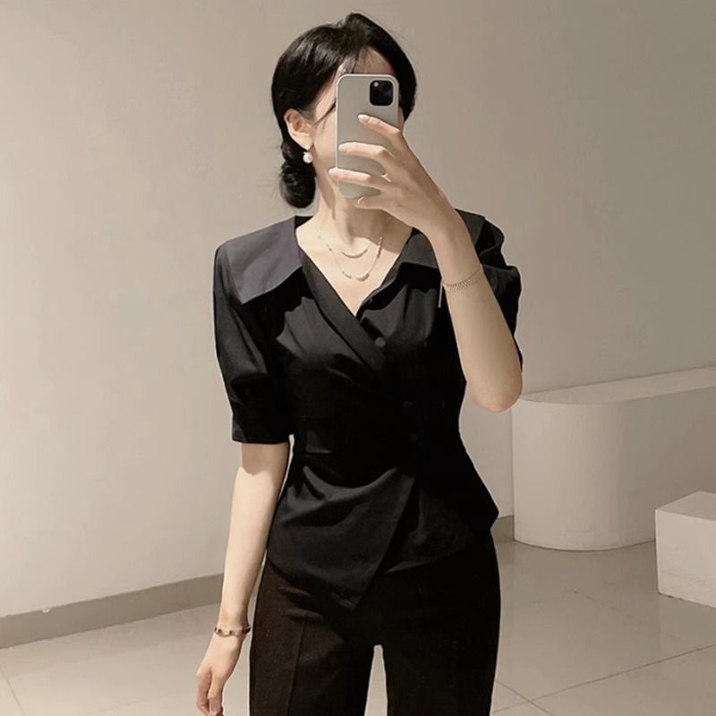 Jiashucheng Áo Sơ Mi Tay Phồng Màu Trơn Ôm Eo Đính Nút Kiểu Pháp Lệch Tà Kiểu Hàn Quốc Thời Trang Mùa Hè