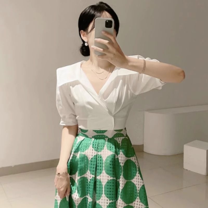 Jiashucheng Áo Sơ Mi Tay Phồng Màu Trơn Ôm Eo Đính Nút Kiểu Pháp Lệch Tà Kiểu Hàn Quốc Thời Trang Mùa Hè