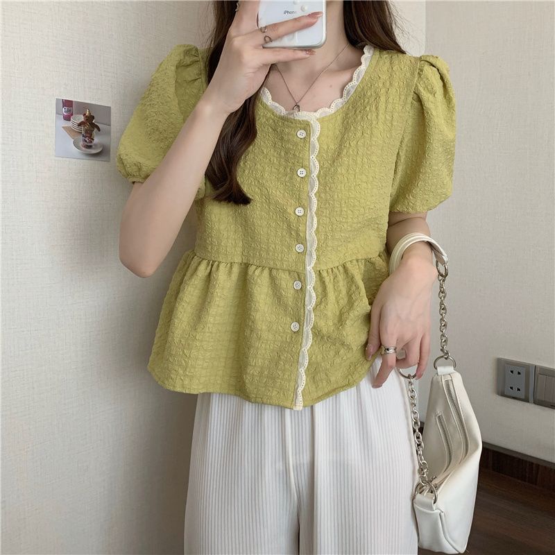 Jiashucheng Áo Sơ Mi Tay Ngắn Phồng Dáng Rộng Viền Ren Thời Trang Mùa Hè Kiểu Mới
