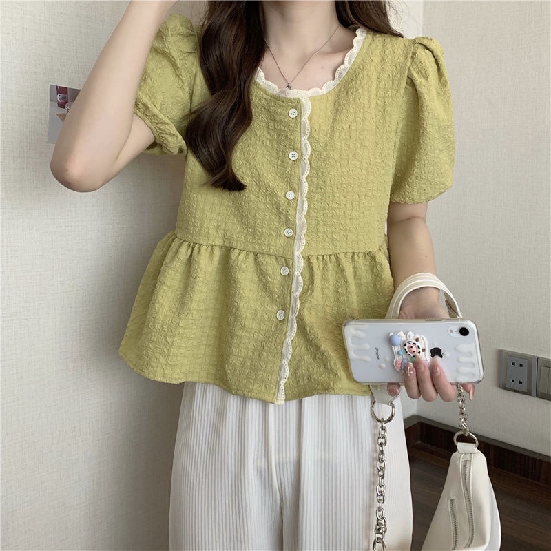 Jiashucheng Áo Sơ Mi Tay Ngắn Phồng Dáng Rộng Viền Ren Thời Trang Mùa Hè Kiểu Mới