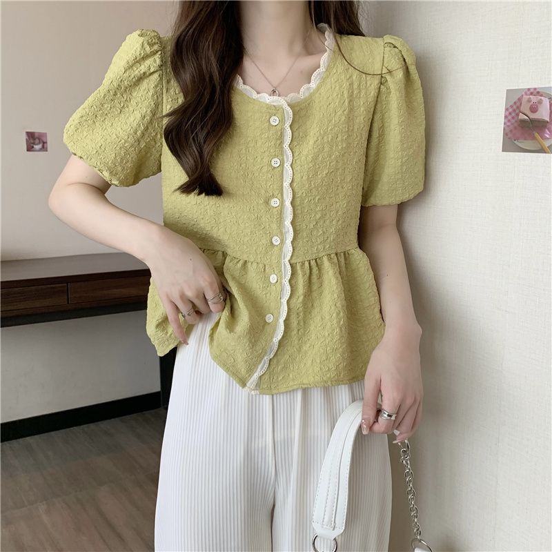 Jiashucheng Áo Sơ Mi Tay Ngắn Phồng Dáng Rộng Viền Ren Thời Trang Mùa Hè Kiểu Mới