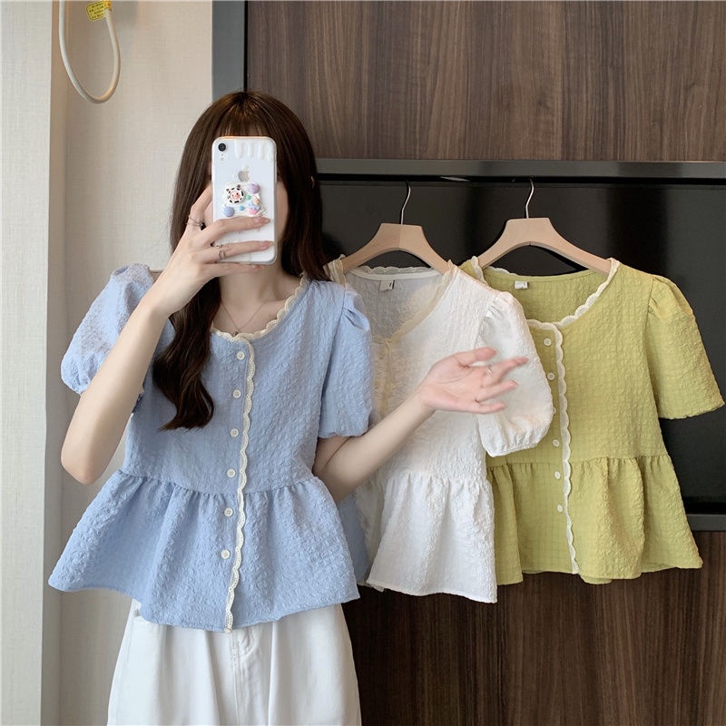 Jiashucheng Áo Sơ Mi Tay Ngắn Phồng Dáng Rộng Viền Ren Thời Trang Mùa Hè Kiểu Mới