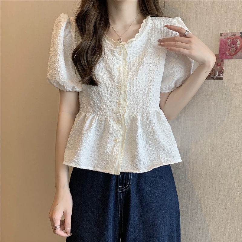 Jiashucheng Áo Sơ Mi Tay Ngắn Phồng Dáng Rộng Viền Ren Thời Trang Mùa Hè Kiểu Mới