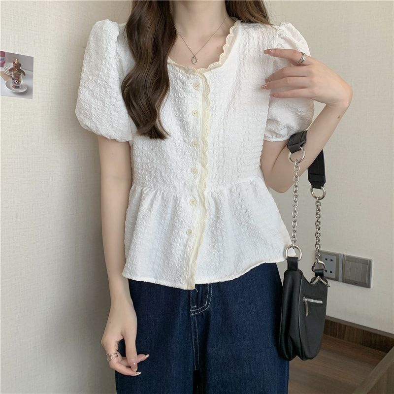 Jiashucheng Áo Sơ Mi Tay Ngắn Phồng Dáng Rộng Viền Ren Thời Trang Mùa Hè Kiểu Mới