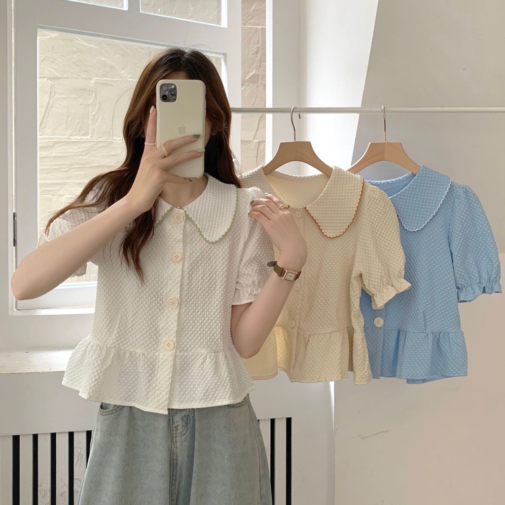 Jiashucheng Áo Sơ Mi Tay Ngắn Phồng Dáng Rộng Viền Ren Thời Trang Mùa Hè Kiểu Mới