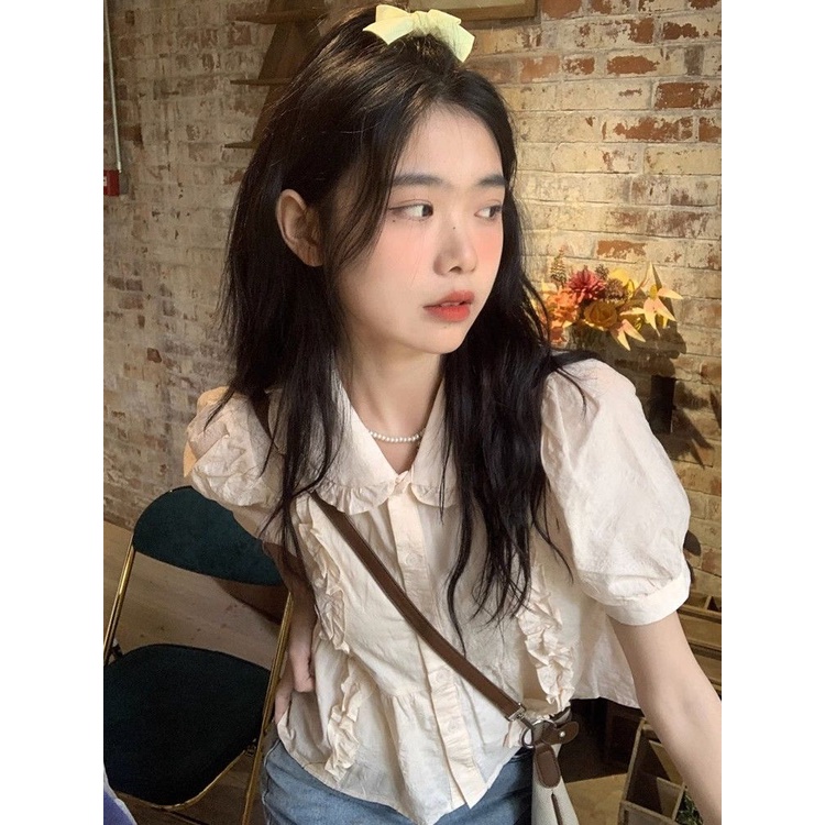 Jiashucheng Áo Sơ Mi Ngắn Tay Phồng Cổ Búp Bê Thiết Kế Nhẹ Nhàng Kiểu Pháp Thanh Lịch Cho Nữ