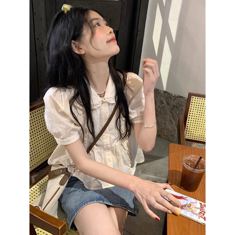 Jiashucheng Áo Sơ Mi Ngắn Tay Phồng Cổ Búp Bê Thiết Kế Nhẹ Nhàng Kiểu Pháp Thanh Lịch Cho Nữ