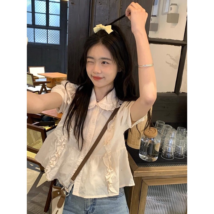 Jiashucheng Áo Sơ Mi Ngắn Tay Phồng Cổ Búp Bê Thiết Kế Nhẹ Nhàng Kiểu Pháp Thanh Lịch Cho Nữ